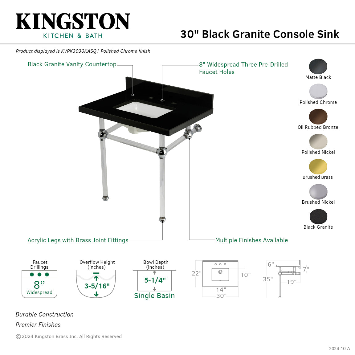 Kingston Brass KVPK3030KASQ5 Templeton 30 Black Granite Console Sink with Acrylic Legs (8-Inch, 3-Hole), Black Granite/Oil Rubbed Bronze - Image 2