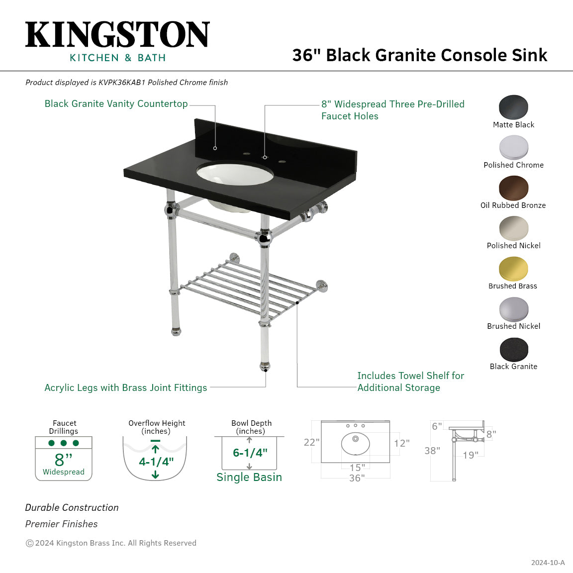 Kingston Brass KVPK36KAB5 Templeton 36 Black Granite Console Sink with Acrylic Legs and Shelf (8-Inch, 3-Hole), Black Granite/Oil Rubbed Bronze - Image 3