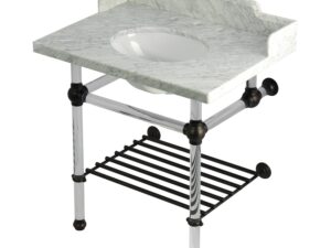 Kingston Brass LMS3030MAB5 Pemberton 30 Carrara Marble Console Sink with Acrylic Legs and Shelf (8-Inch, 3-Hole), Carrara Marble White/Oil Rubbed Bronze