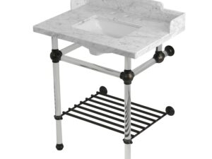 Kingston Brass LMS30MASQB5 Pemberton 30 Carrara Marble Console Sink with Acrylic Legs and Shelf (8-Inch, 3-Hole), Carrara Marble White/Oil Rubbed Bronze