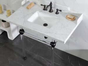 Kingston Brass LMS3630MASQ5 Pemberton 36 Carrara Marble Console Sink with Acrylic Legs (8-Inch, 3-Hole), Carrara Marble White/Oil Rubbed Bronze